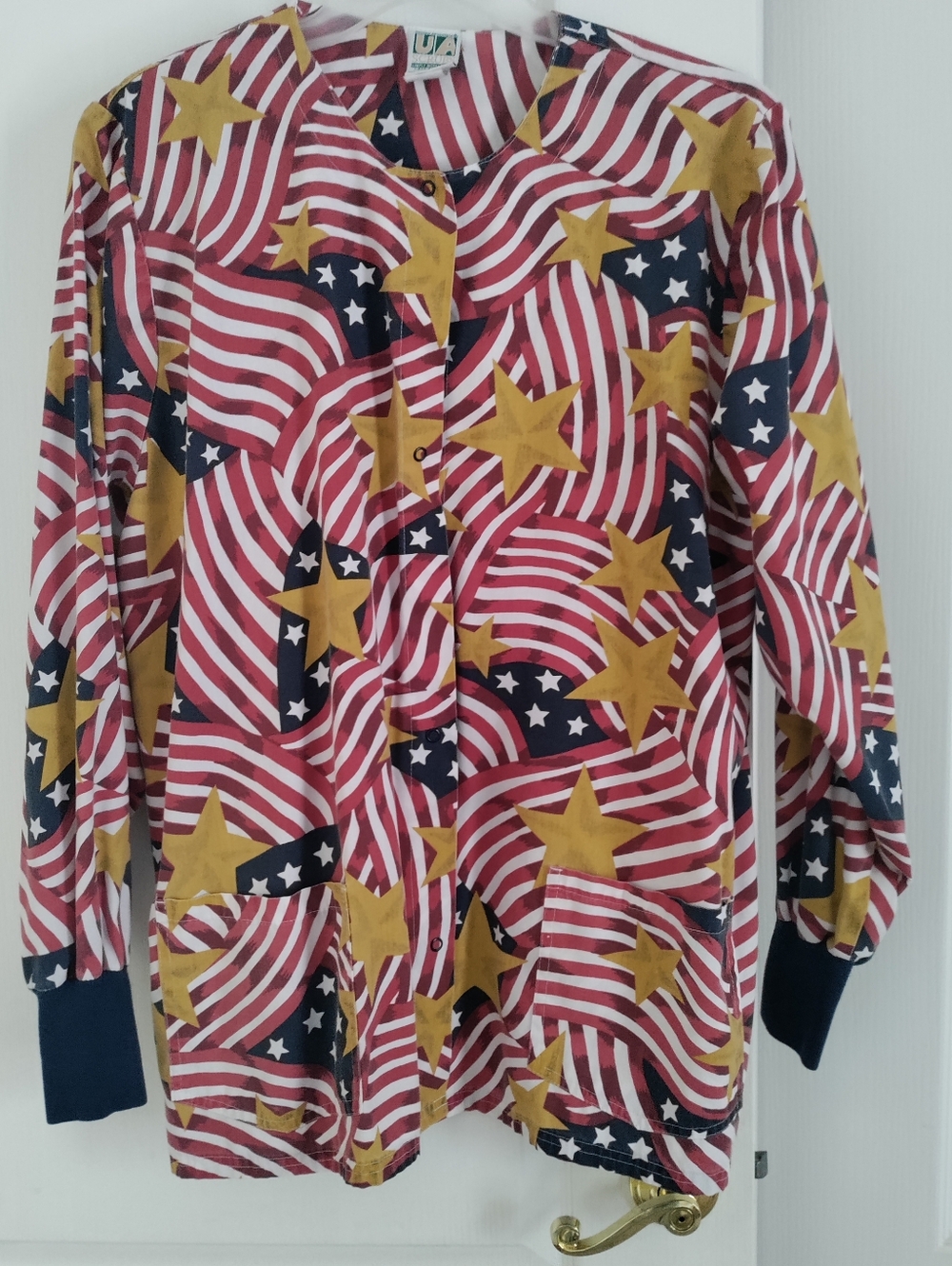 UA Patriotic Print Red/Navy Blue/White Snap Front Long Sleeve Scrub Jacket XL